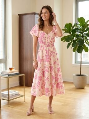 Women's Monteau Pink Midi Floral Cinched Waist Dress - Size Small Like New